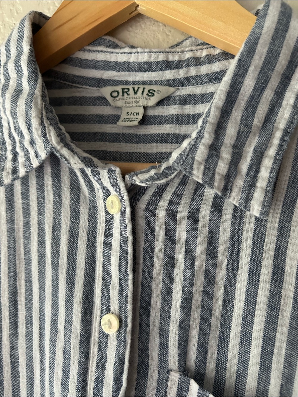 Linen blend Orvis Blue and White Vertical Stripe Button-Down Shirt - Picture 4 of 5